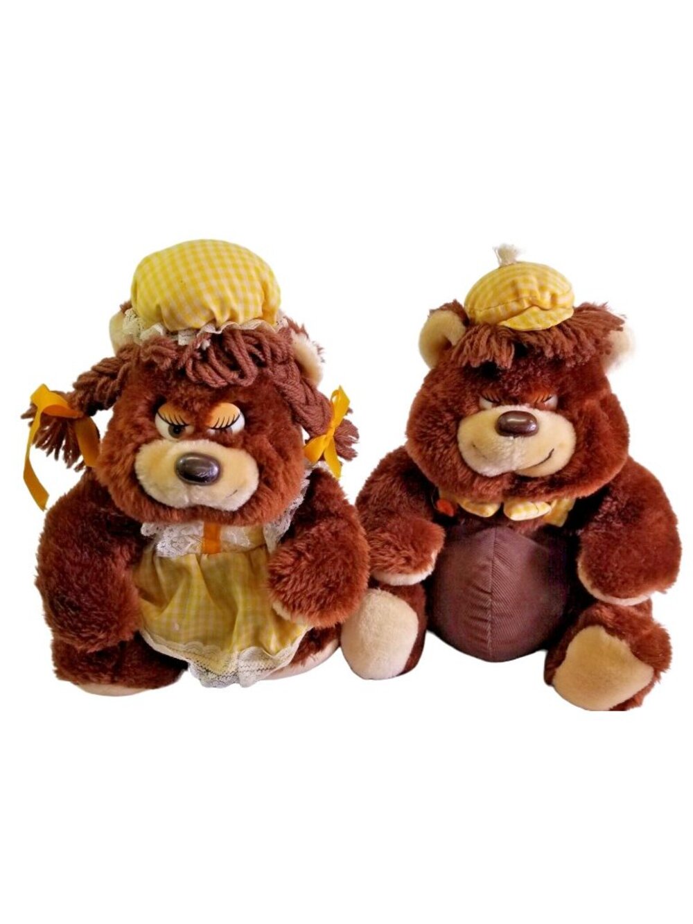 2 Vintage Couple Bee International Rag Plush Toy Bear Ma Pa Yellow Gingham 13"
